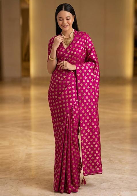 Pink Printed Crepe Pre Draped Saree Set