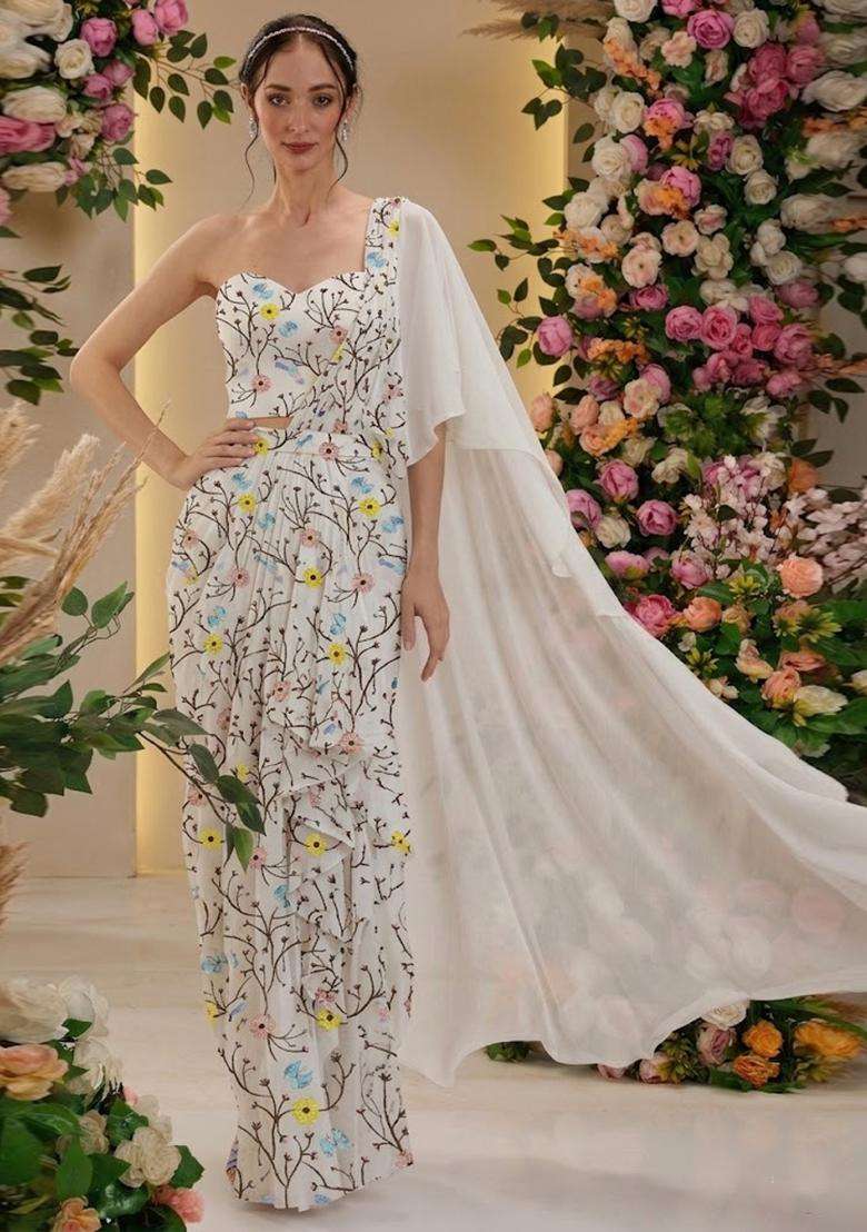 Off White Embroidered Georgette Pre Draped Saree Set - Indya