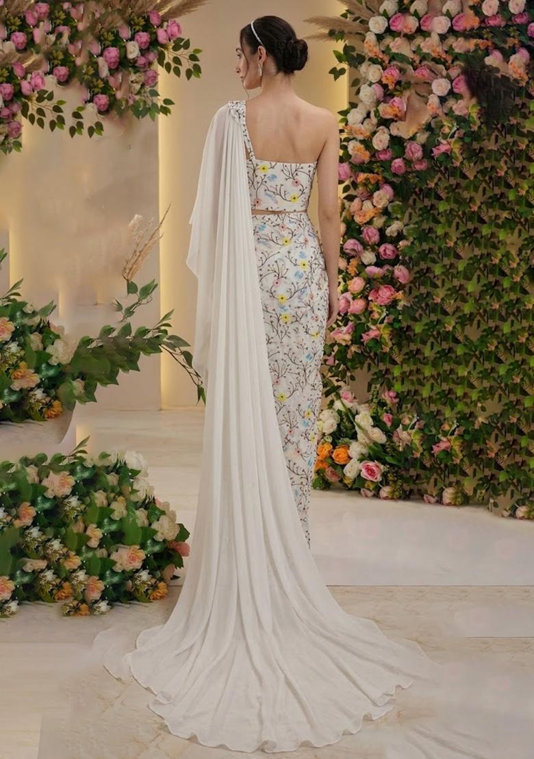 Off White Embroidered Georgette Pre Draped Saree Set - Indya