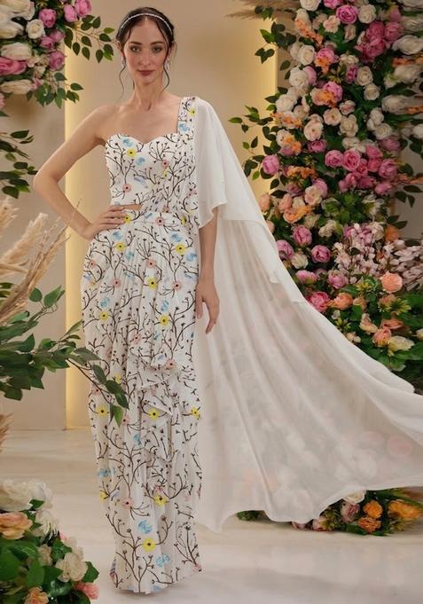 Off White Embroidered Georgette Pre Draped Saree Set