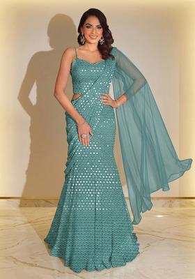 Teal Green Mirror Georgette Pre Draped Saree Set