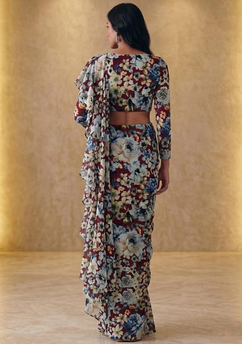 MultiColor Printed Crepe Pre Draped Saree Set - Indya