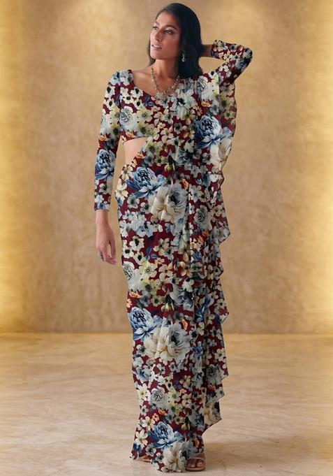 MultiColor Printed Crepe Pre Draped Saree Set