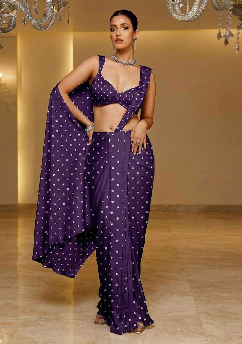 Deep Purple Embroidered Moss Pre Draped Saree Set - Indya