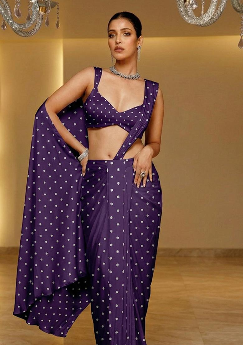 Deep Purple Embroidered Moss Pre Draped Saree Set - Indya