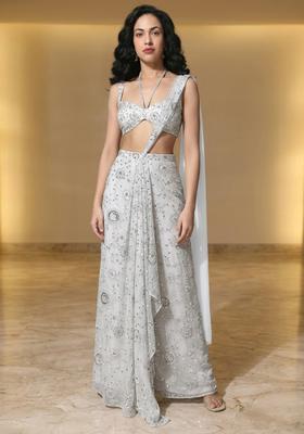 Silver Grey Embroidered Georgette Fusion Set