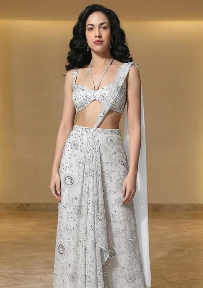Silver Grey Embroidered Georgette Fusion Set - Indya