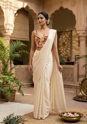 Off White Embroidered Handwork Pre Draped Saree Set