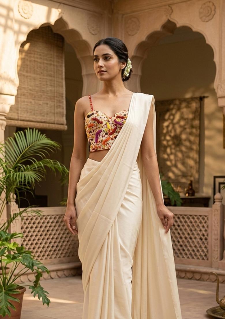 Off White Embroidered Handwork Pre Draped Saree Set - Indya