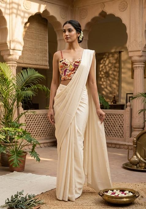 Off White Embroidered Handwork Pre Draped Saree Set