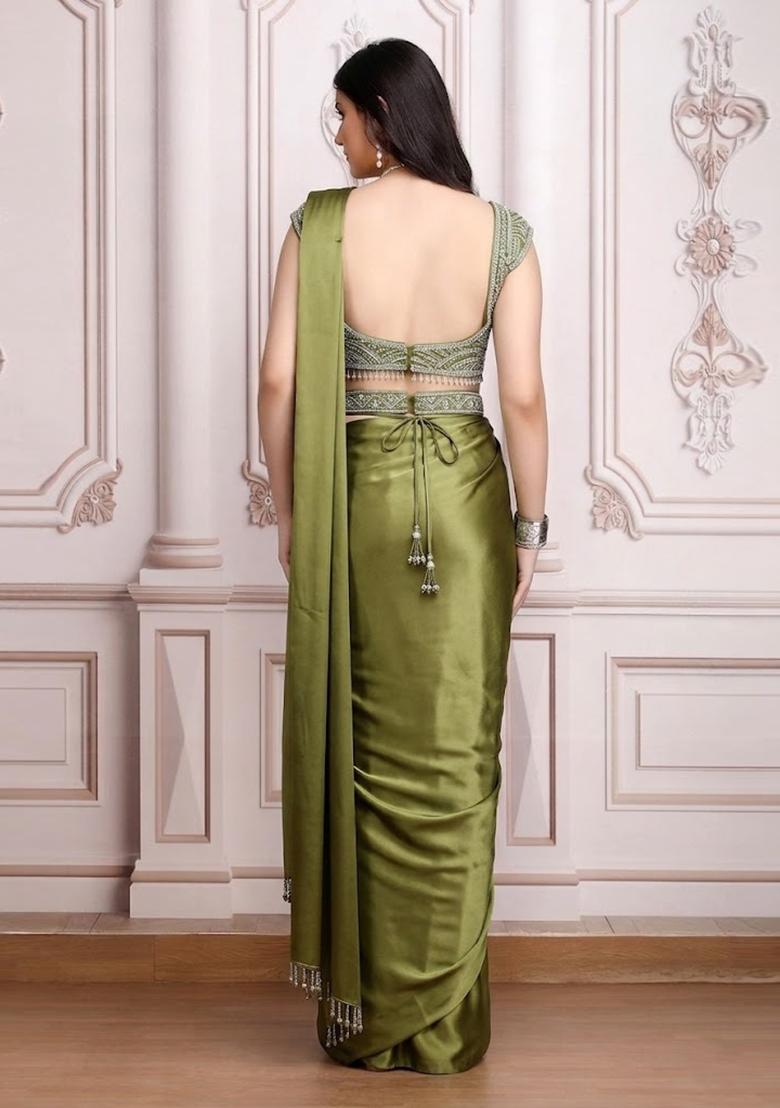 Olive Green Embroidered Handwork Pre Draped Saree Set - Indya