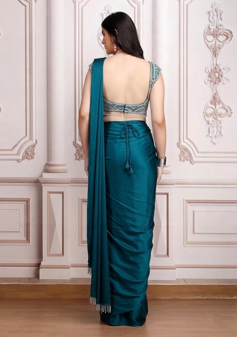 Blue Embroidered Handwork Pre Draped Saree Set - Indya