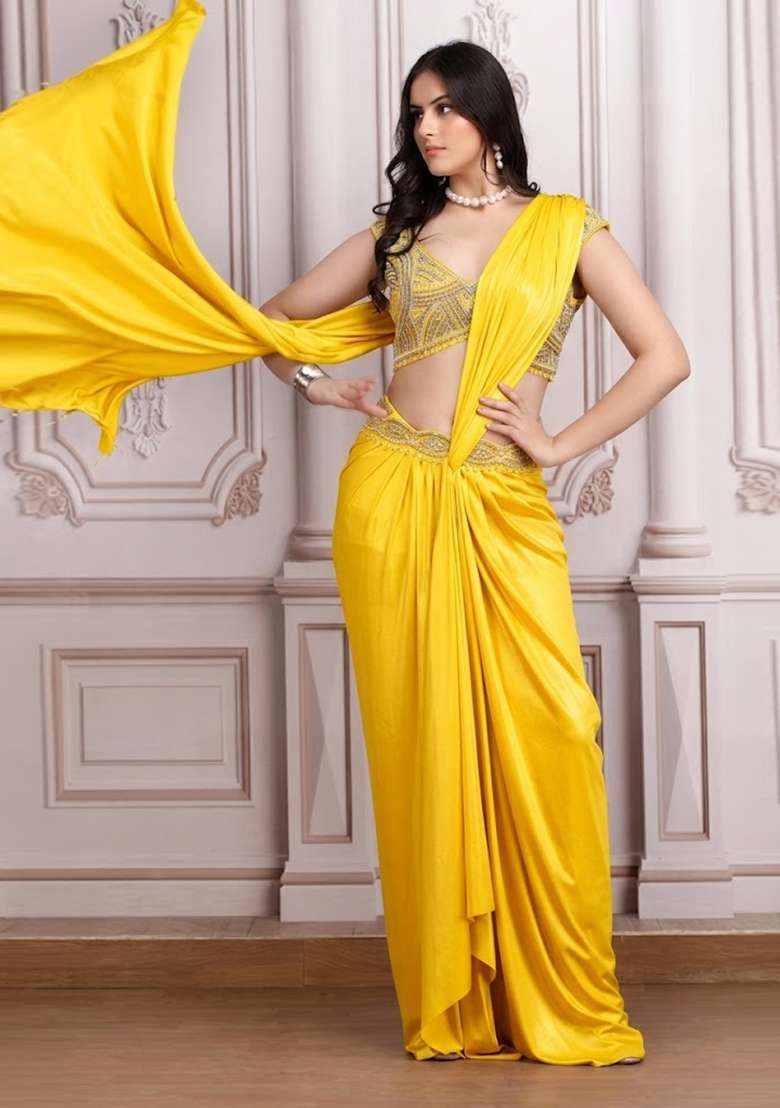 Yellow Embroidered Handwork Pre Draped Saree Set - Indya