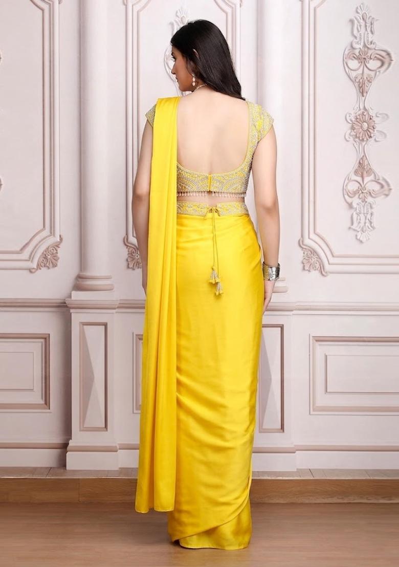 Yellow Embroidered Handwork Pre Draped Saree Set - Indya