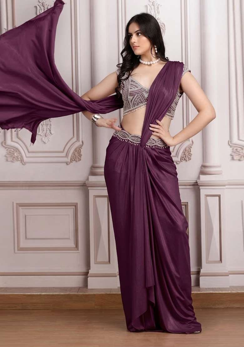 Wine Embroidered Handwork Pre Draped Saree Set - Indya