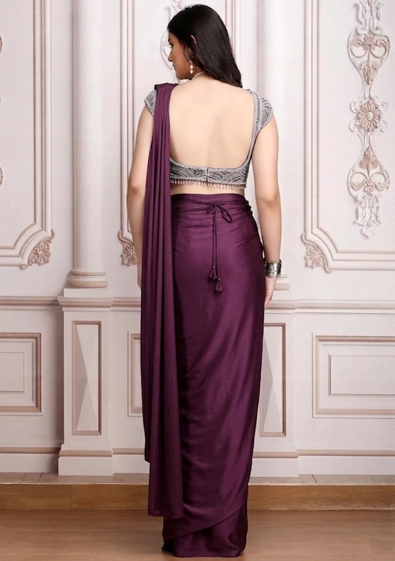 Wine Embroidered Handwork Pre Draped Saree Set - Indya