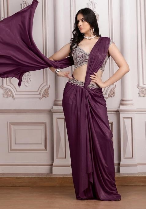 Wine Embroidered Handwork Pre Draped Saree Set