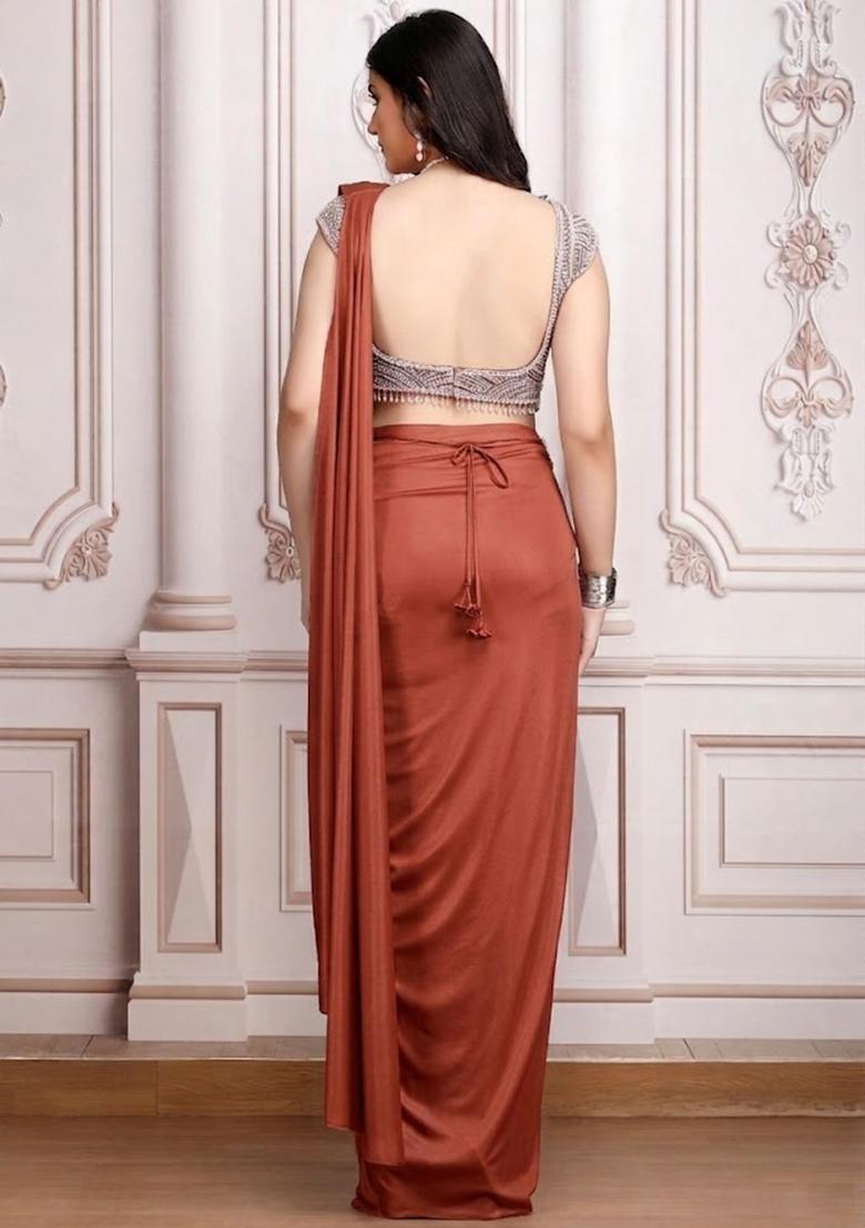 Orange Embroidered Handwork Pre Draped Saree Set - Indya