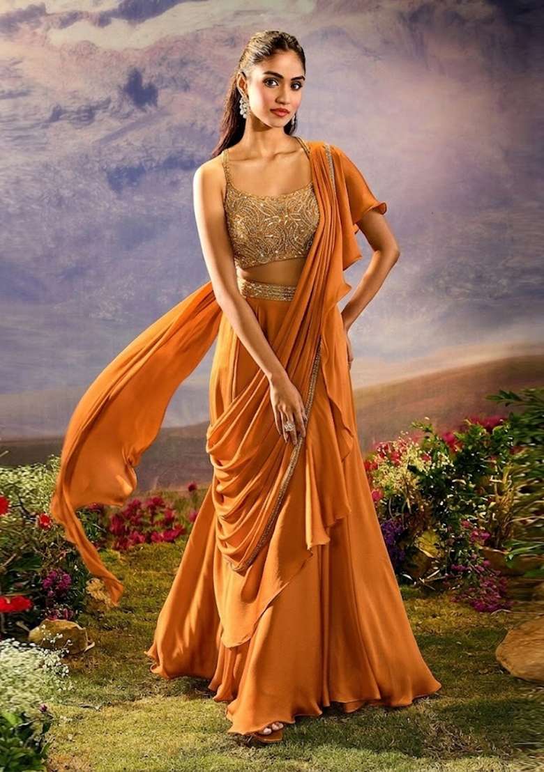 Mustard Orange Embroidered Handwork Pre Draped Saree Set - Indya