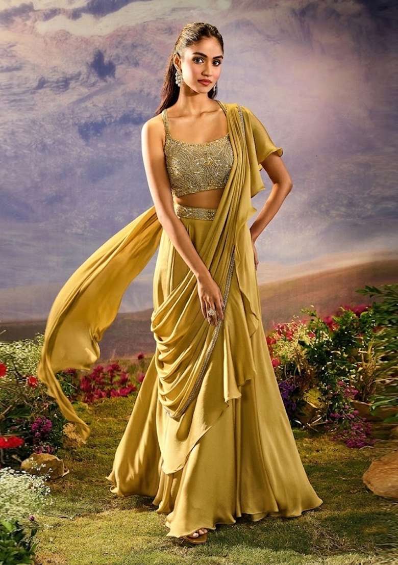 Golden Yellow Embroidered Handwork Pre Draped Saree Set - Indya
