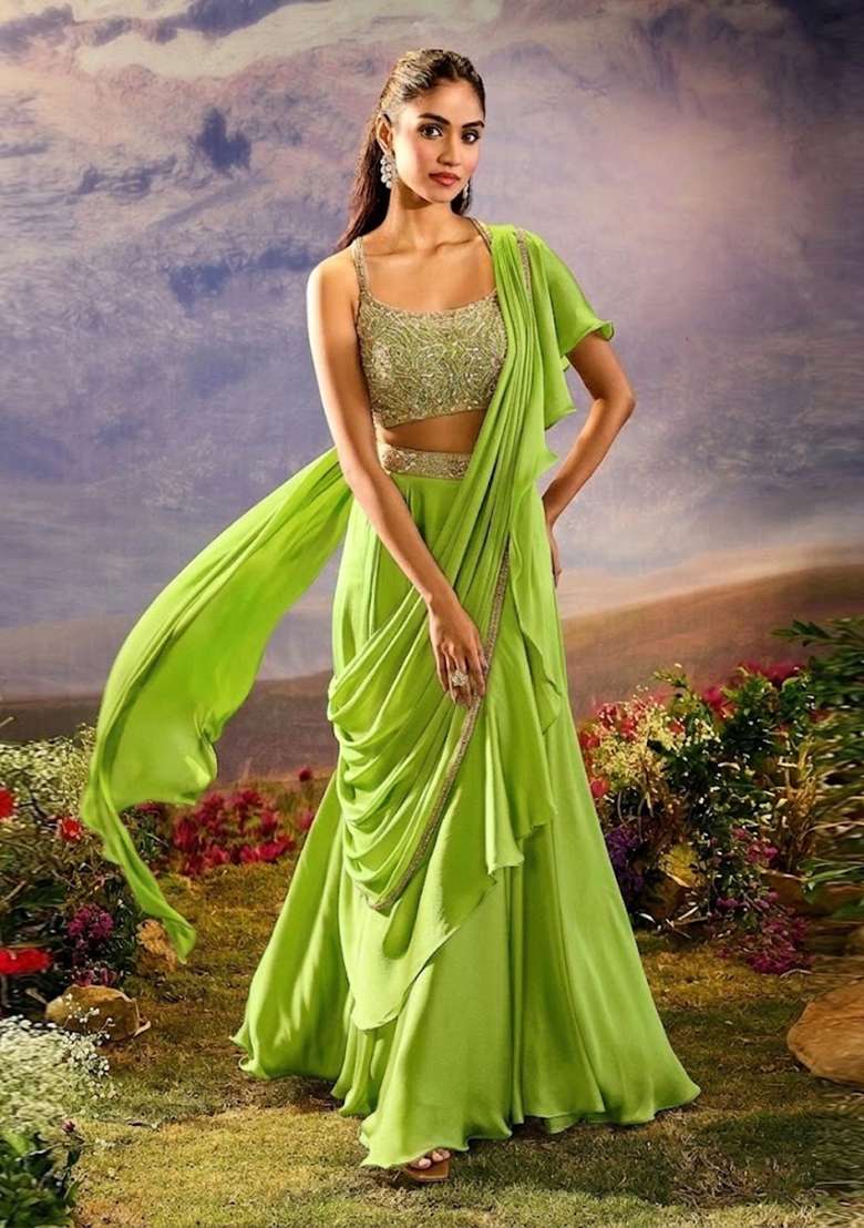 Lime Green Embroidered Handwork Pre Draped Saree Set - Indya