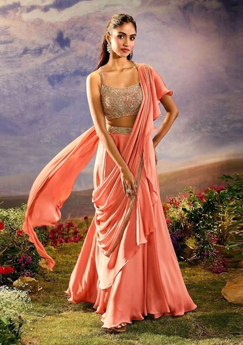 Peach Embroidered Handwork Pre Draped Saree Set - Indya