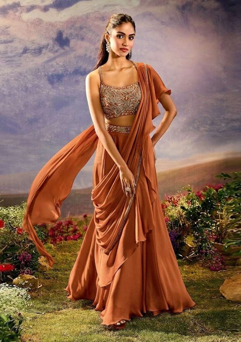 Brown Embroidered Handwork Pre Draped Saree Set - Indya