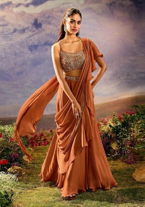 Brown Embroidered Handwork Pre Draped Saree Set