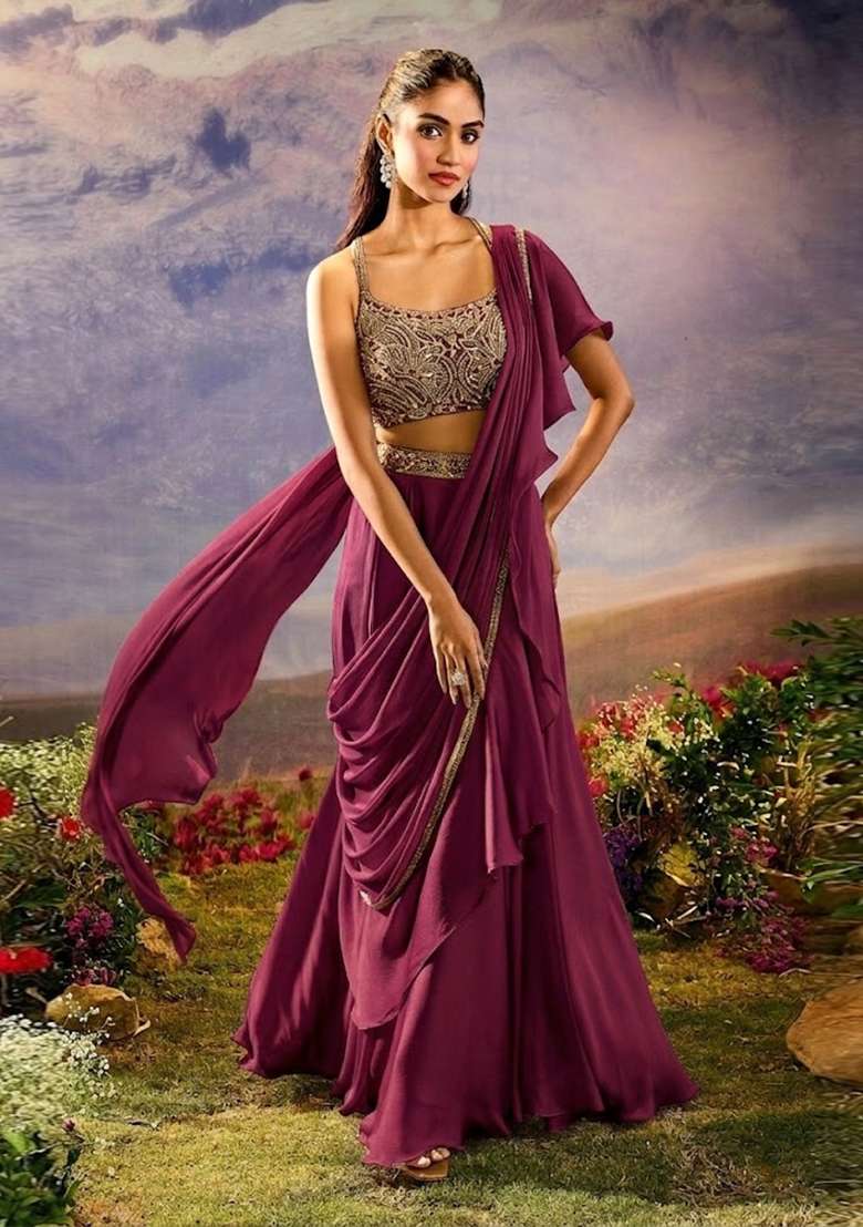 Wine Embroidered Handwork Pre Draped Saree Set - Indya