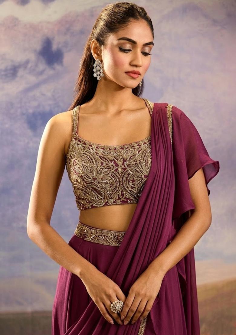 Wine Embroidered Handwork Pre Draped Saree Set - Indya