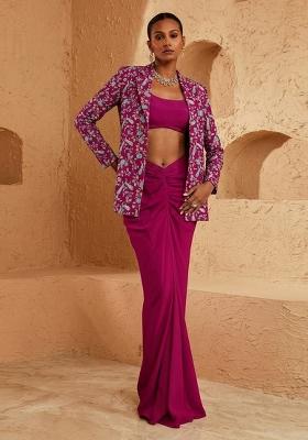 Magenta Pink Printed Crepe Fusion Set