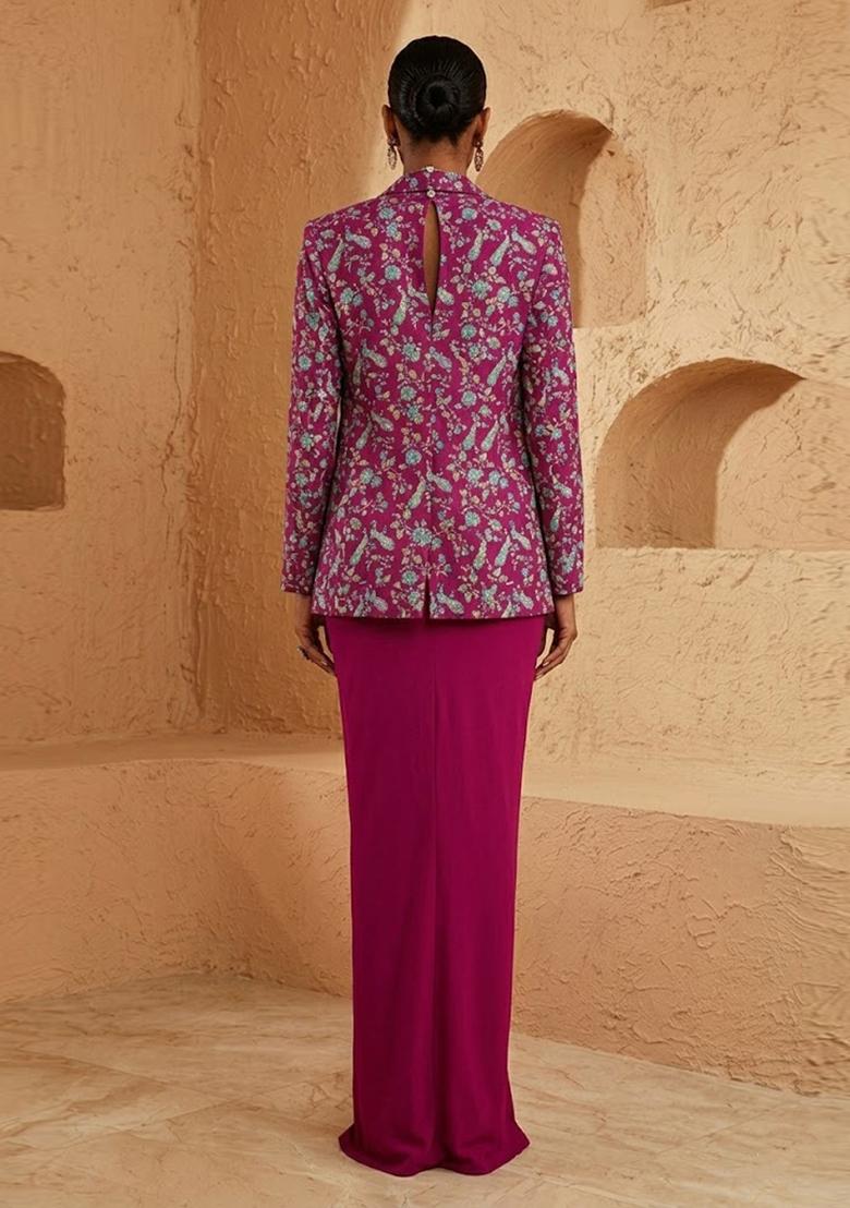 Magenta Pink Printed Crepe Fusion Set - Indya