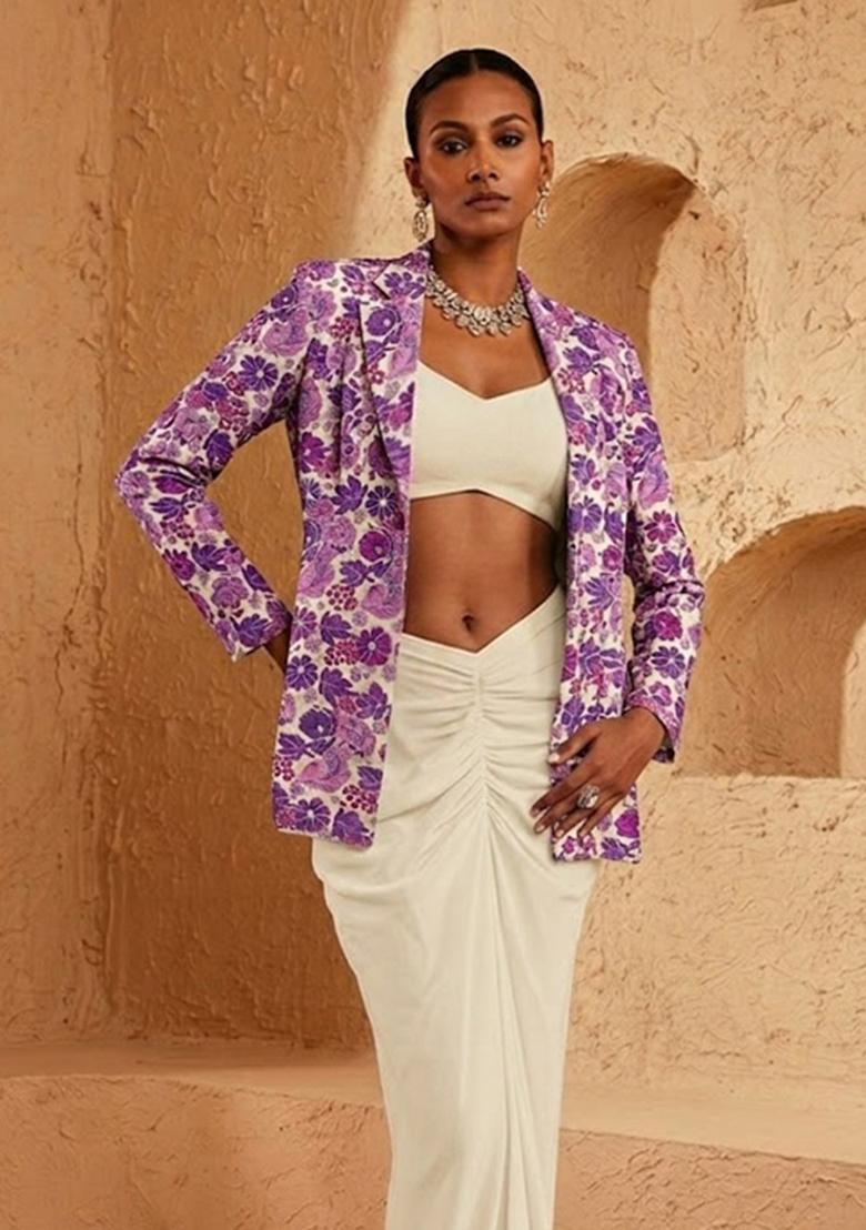 Off White Printed Crepe Fusion Set - Indya
