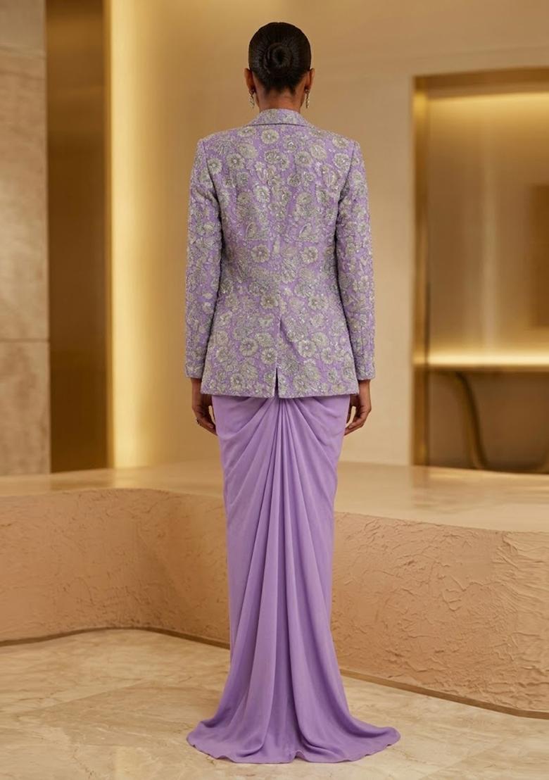 Lavender Purple Printed Crepe Fusion Set - Indya