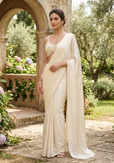 Ivory Handwork Pre Draped Saree Set