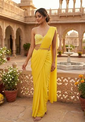 Bright Yellow Handwork Pre Draped Saree Set