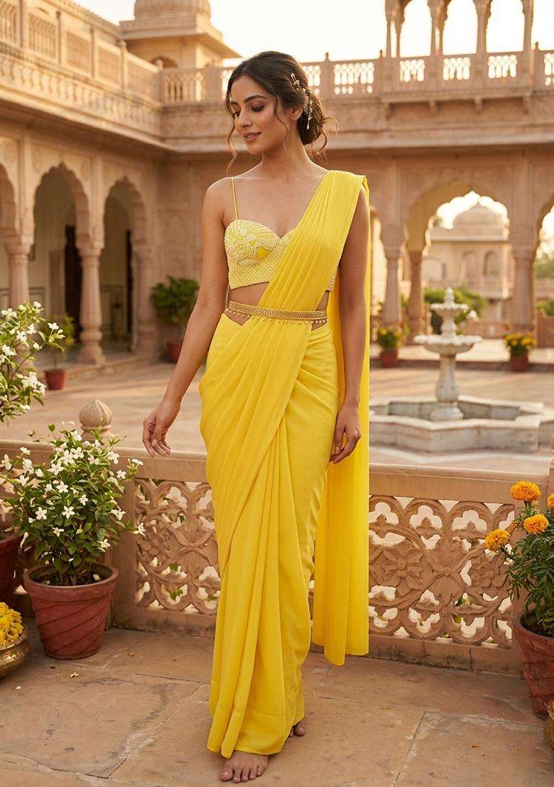 Bright Yellow Handwork Pre Draped Saree Set - Indya