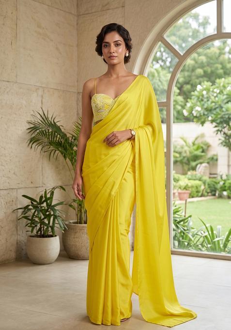 Bright Yellow Handwork Pre Draped Saree Set