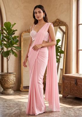 Baby Pink Handwork Pre Draped Saree Set