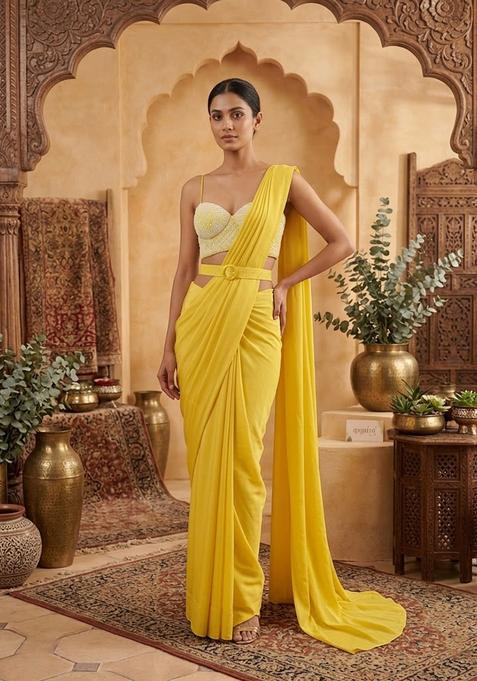 Bright Yellow Handwork Pre Draped Saree Set