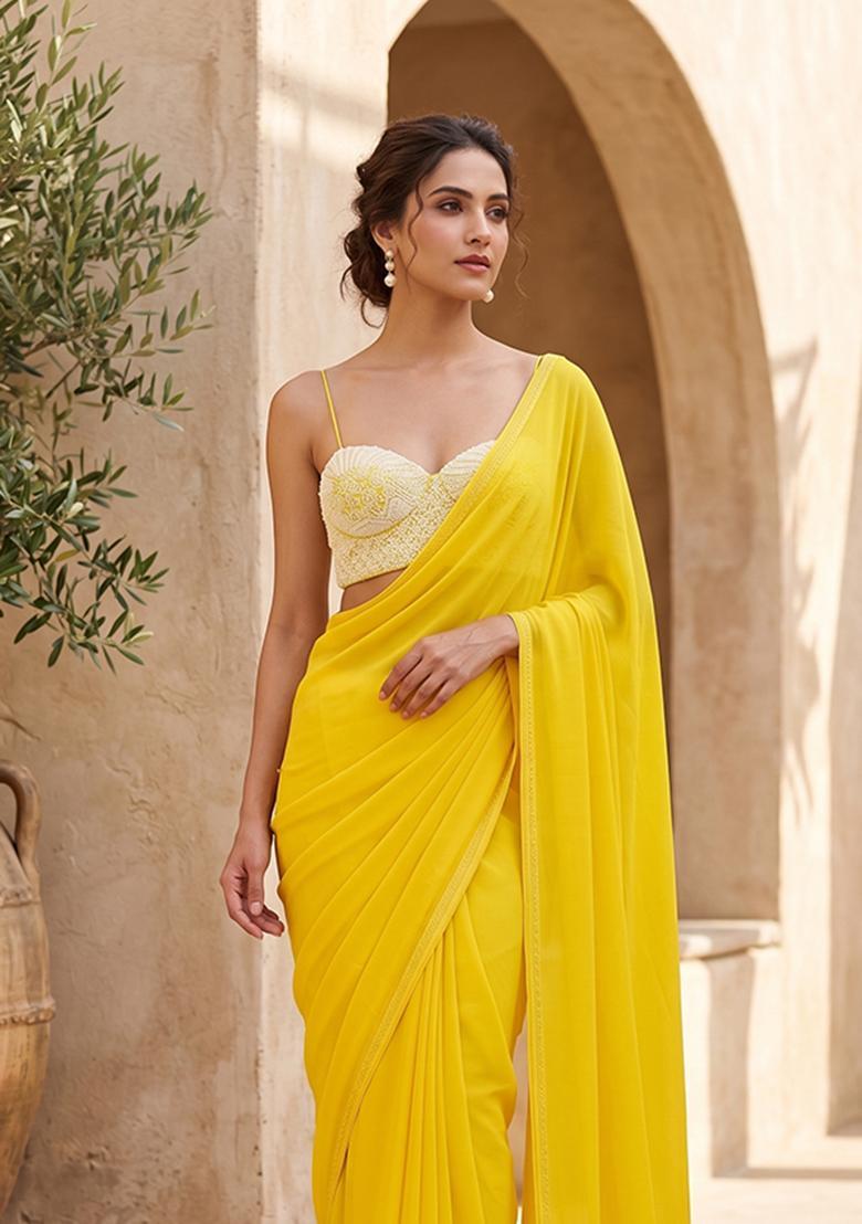 Bright Yellow Handwork Pre Draped Saree Set - Indya