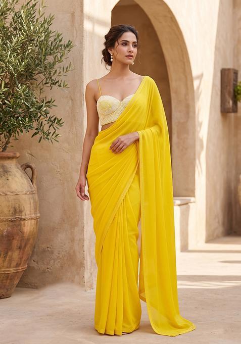 Bright Yellow Handwork Pre Draped Saree Set