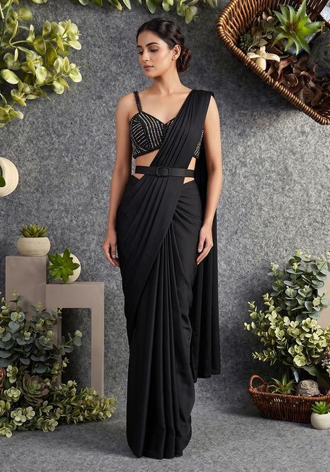 Black Handwork Pre Draped Saree Set
