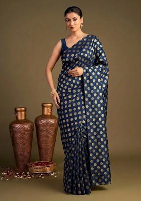 Navy Blue Brocade Pre Draped Saree Set