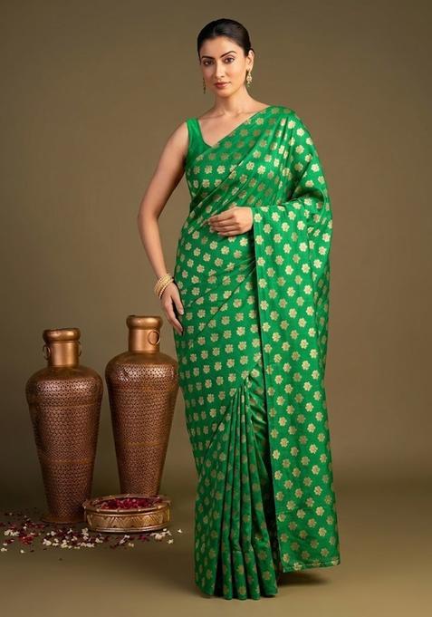 Emerald Green Brocade Pre Draped Saree Set