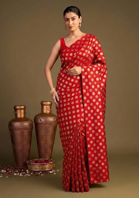 Bright Red Brocade Pre Draped Saree Set