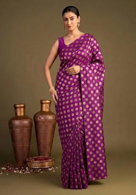 Magenta Purple Brocade Pre Draped Saree Set