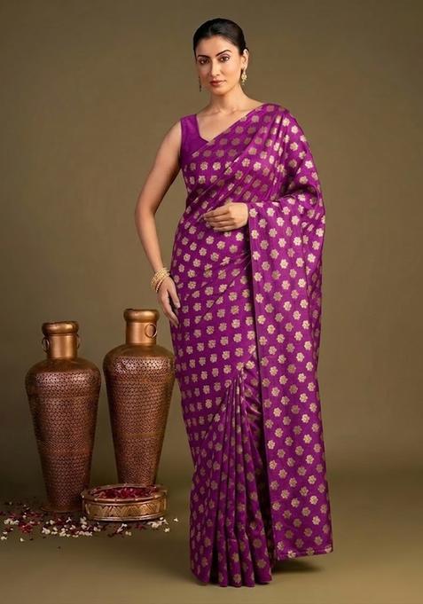Magenta Purple Brocade Pre Draped Saree Set