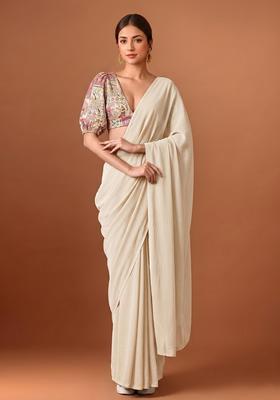 Cream White Printed Crepe Pre Draped Saree Set