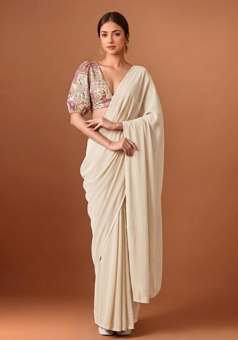 Cream White Printed Crepe Pre Draped Saree Set